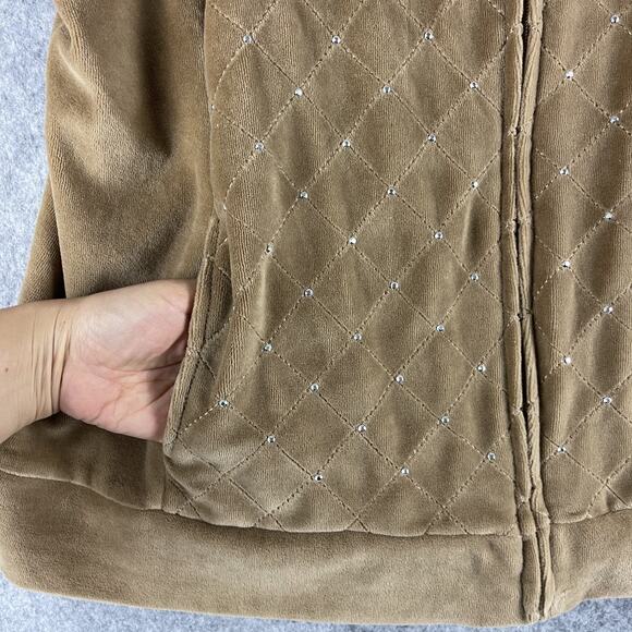Quacker Factory Velour Vest Women XL Tan Rhinestone Bling Full Zip Quilted Artsy - Picture 8 of 14